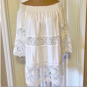 Women's Chico’s White Lace Embroidered Off the Shoulder Mini Dress Size 0